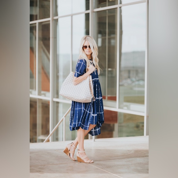 Sold Norblack Norwhite Anthro Navy Grid Print Smock Dress - Casual Women's Dress - Picture 4 of 16